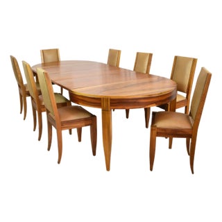 Extendable Dining Table and Set of 8 Walnut & Leather Chairs by André Sornay, France, 1930s For Sale