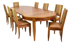 Extendable Dining Table and Set of 8 Walnut & Leather Chairs by André Sornay, France, 1930s