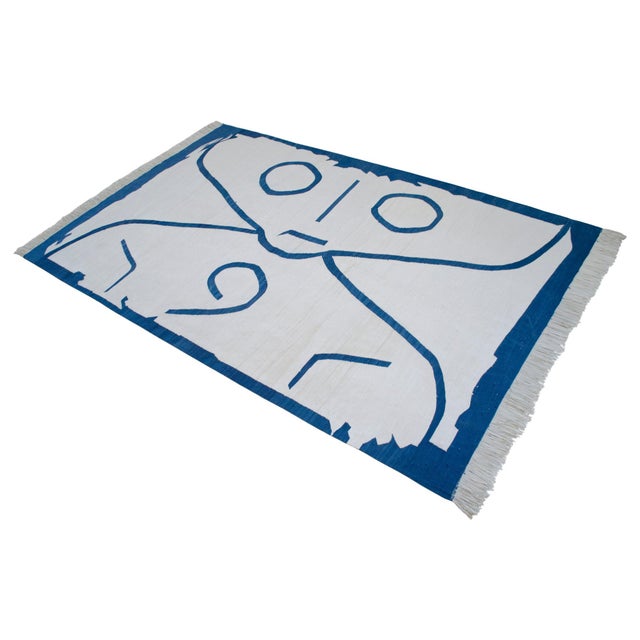 Blue Paul Klee -Letter Ghost Inspired Silk Hand Woven Area Kilim Wall Rug 4′2″ × 6′6″ For Sale - Image 8 of 16