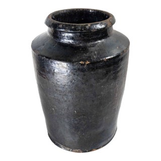 19th Century Rustic Primitive Black Glazed Redware Storage Jar For Sale