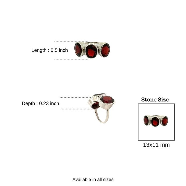 Antique Style Deep Red Garnet Triple Stone Bezel Set Silver Ring - Size 8 For Sale - Image 10 of 13