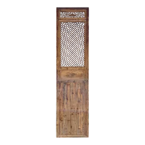 Chinese Vintage Bat Flower Geometric Pattern Tall Wood Floor Panel Screen