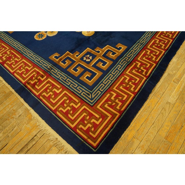Textile 1920s Navy Blue Medallion Greek Key Antique Chinese Art Deco Knotted Rug For Sale - Image 7 of 9
