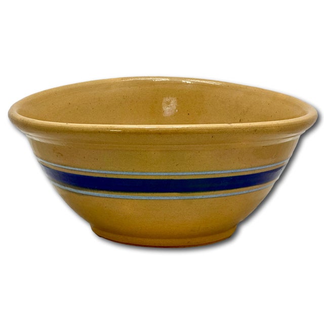 Antique Thick Yellow Ware 12 Inch Kitchen Mixing Bowl With Unusual 2 Color Blue Banded Decoration - Late 1800s. For Sale - Image 14 of 18