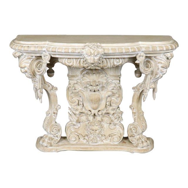 Fine Carved White Painted Decorated Italian Console With Figural Masks For Sale