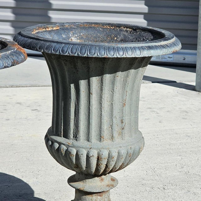 Mid-Century Modern Antique Classical Cast Iron Garden Urn Planters a-Pair For Sale - Image 3 of 18