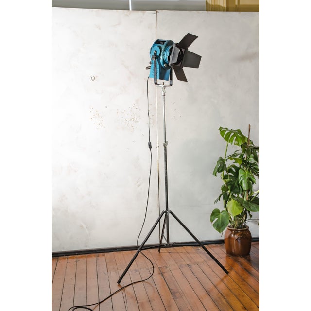 Blue Fresnel Theater Spotlight Floor Lamp on Matching Steel Tripod from A.E. Cremer, Paris, 1950s For Sale - Image 10 of 18
