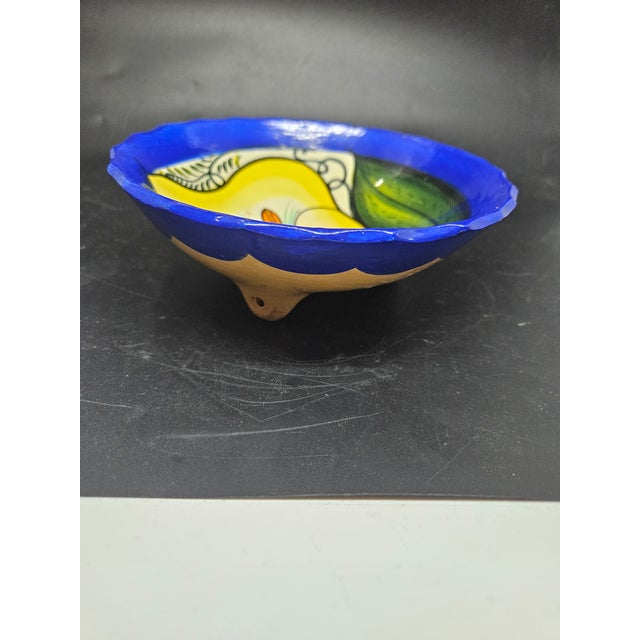 Talavera Round Footed 6” Bowl Blue With Yellow Calla Lily Mexican Pottery