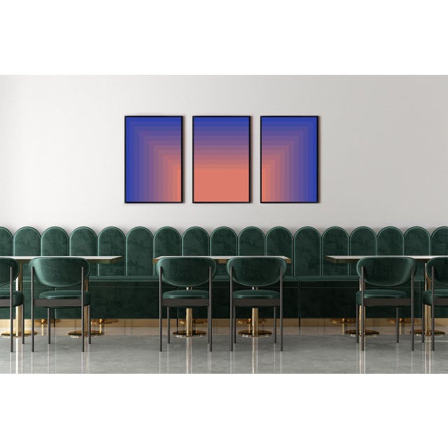 This minimalist triptych by Cyd Fontaine explores chromatic transition through a sequence of nested geometric bands that...