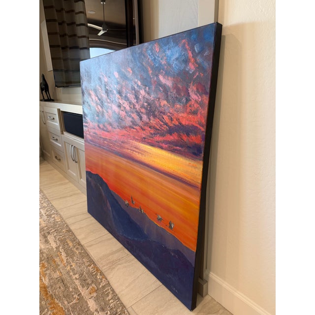 Large Contemporary Oil Painting Cranes Over Sunset 48x48” For Sale - Image 16 of 17