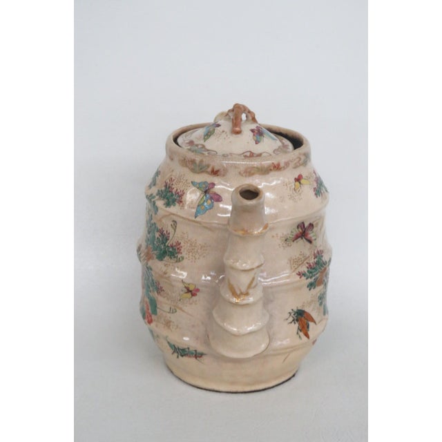 Japanese Mid 20th Century Japanese Satsuma Style Ceramic Earthenware Teapot Butterfly Garden Motif For Sale - Image 3 of 12