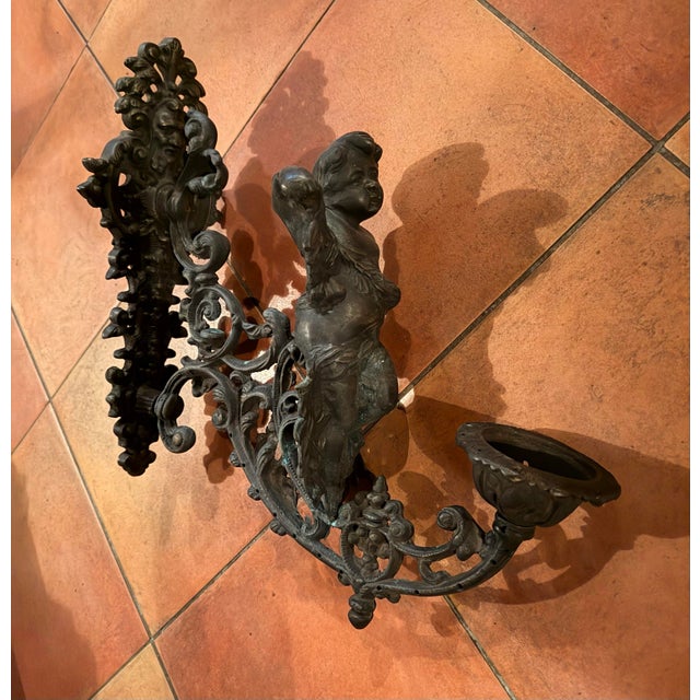 Metal Antique Pair of Bronze Cherub Sconces For Sale - Image 7 of 11