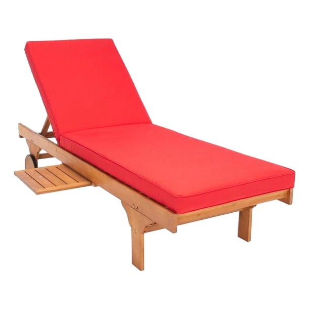 Newport Chaise Lounge Chair with Side Table, Natural/Red Cushion For Sale