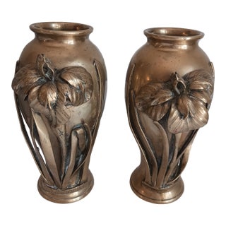 Antique Pair Japanese Bronze Iris Vases 19th C. Meiji Period Signed For Sale