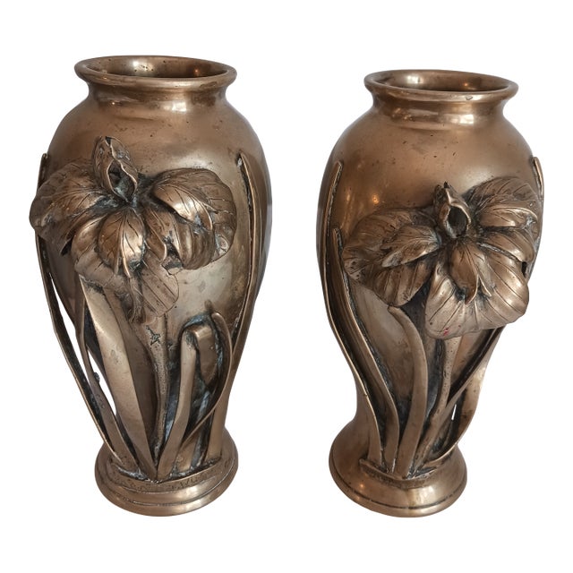 Antique Pair Japanese Bronze Iris Vases 19th C. Meiji Period Signed For Sale