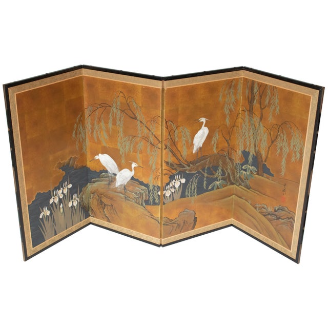 "Willow and White Herons" by Yukiga, 1970s Showa Era Japanese Painted Byobu Screen For Sale - Image 17 of 18