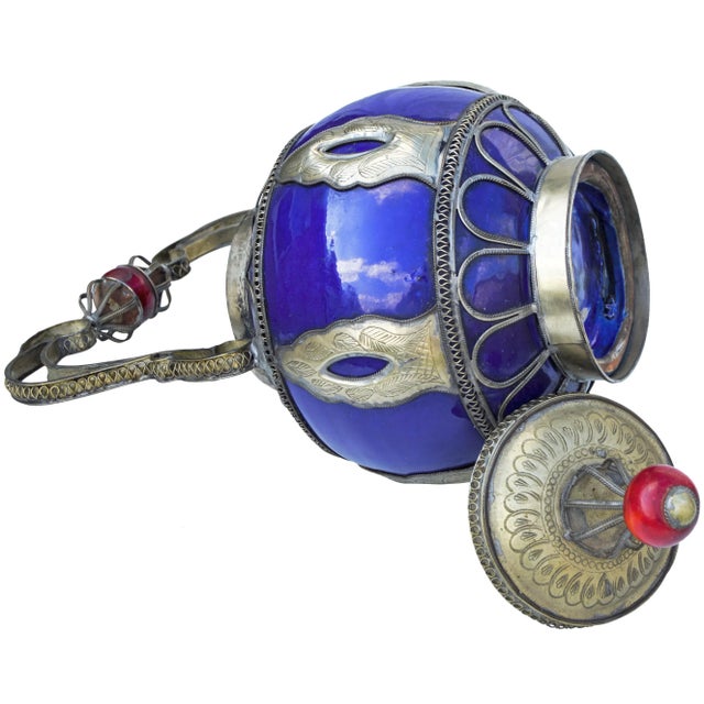 Metal Vintage Moroccan Blue Ceramic Kettle With Silver Engravings For Sale - Image 7 of 8