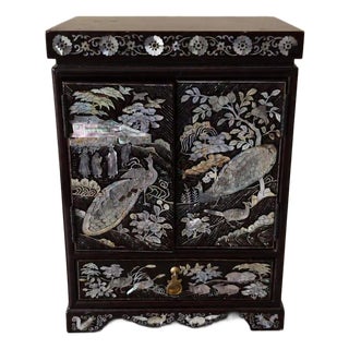 Vintage Chinese Mother of Pearl Jewelry Cabinet Lacquer Wood Inlaid Peacock Bird Miniature Chest Drawers Asian Decor For Sale