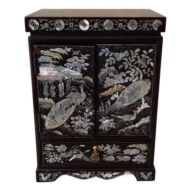 Vintage Chinese Mother of Pearl Jewelry Cabinet Lacquer Wood Inlaid Peacock Bird Miniature Chest Drawers Asian Decor For Sale