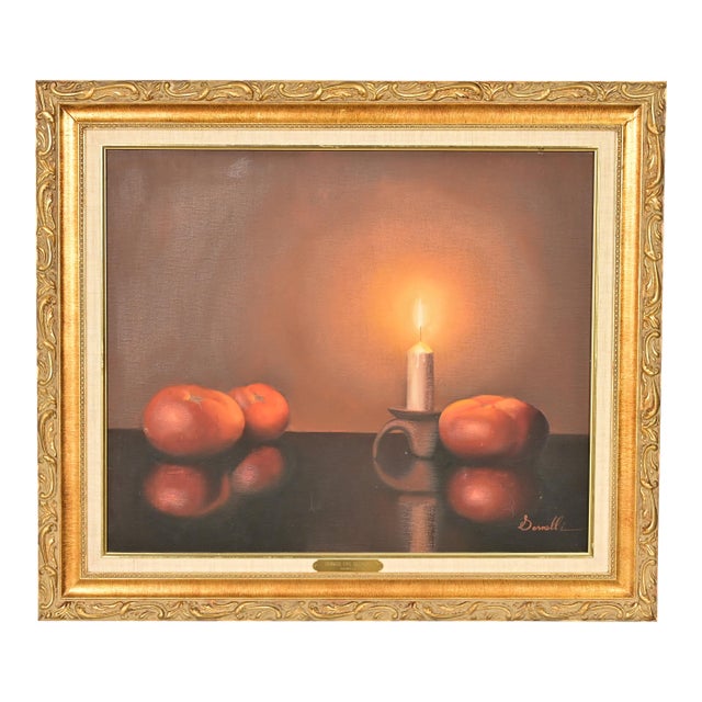 Original Artist Signed Garnelli Still Life Oil Painting on Canvas "Summer Eve Harvest" in Carved Giltwood Frame For Sale