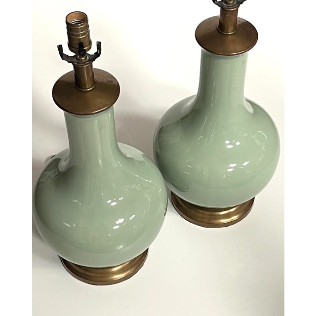 Chinese Large Pair Chinese Celadon Glazed Bottle-Form Porcelain Lamps For Sale - Image 3 of 7