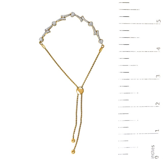 Metal 14K Yellow Gold Plated .925 Sterling Silver Diamond Accent Heart and Wave Link Bolo Bracelet (I-J Color, I2-I3 Clarity) - 6" to 9" Adjustable For Sale - Image 7 of 7