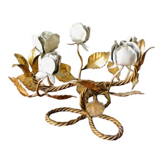 Vintage White Rose Gilt Metal Tole Candelabra From Italy For Sale