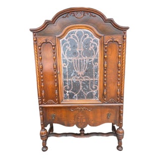 Antique 1920s Jacobean Revival Walnut Dining Room China Cabinet / Bookcase For Sale