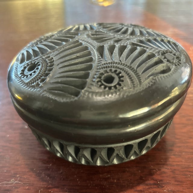 Oaxacan Mexican Pottery Trinket Box that is traditional folk pottery from Mexico using black clay that is pierced and...