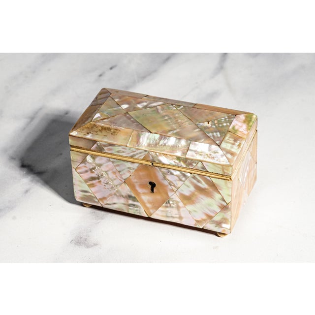 Rare Antique English Mother of Pearl Jewelry Box Victorian Miniature Keepsake Box With Key For Sale - Image 9 of 14