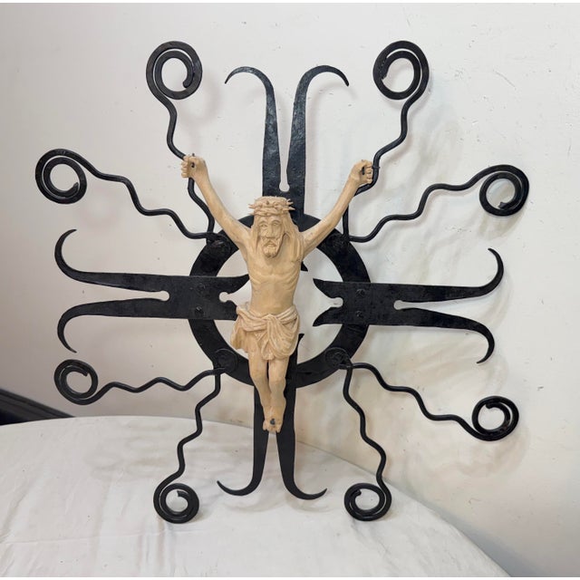 Large Vintage Carved Wood Wrought Iron Religious Wall Crucifix Cross Sculpture For Sale - Image 4 of 14