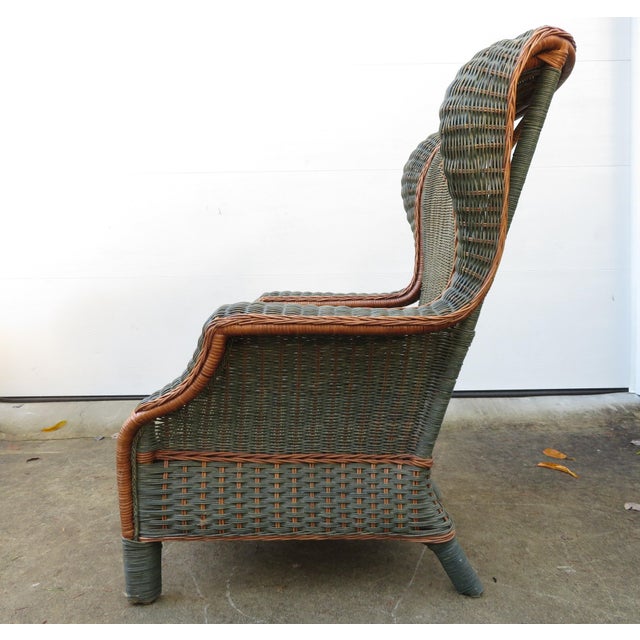 Turquoise Vintage Palecek Wicker Rattan Wingback Chair ~ Victorian Style ~ Throne Armchair For Sale - Image 8 of 17