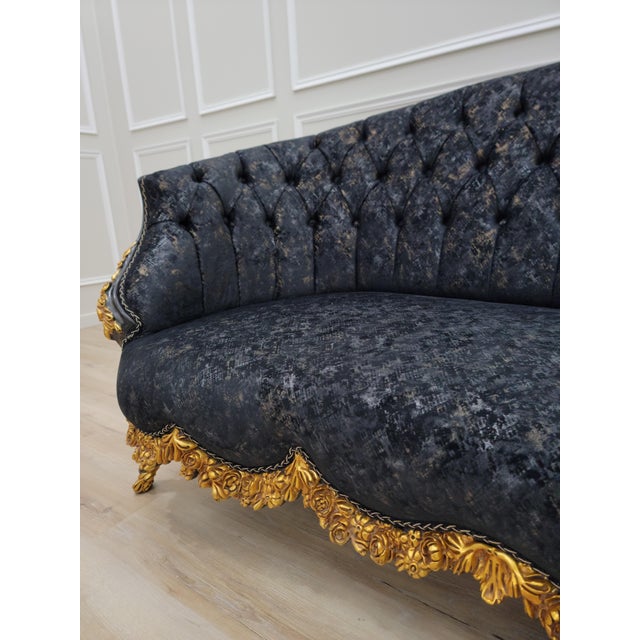 1950s Midnight Royale Tufted Sofa | Black & Gold Baroque Statement Couch | Victorian Glam Living Room Sofa For Sale In Miami - Image 6 of 11
