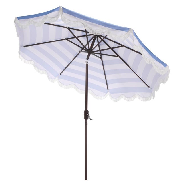 Metal Lucerna 9 Ft Crank Umbrella, Baby Blue Stripe/Brown Pole For Sale - Image 7 of 9