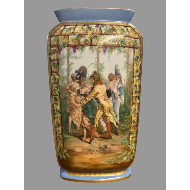 French Antique Old Paris Porcelain Pair Vases Hand Painted Figural Scenes Blue Gilt 11” For Sale - Image 3 of 11