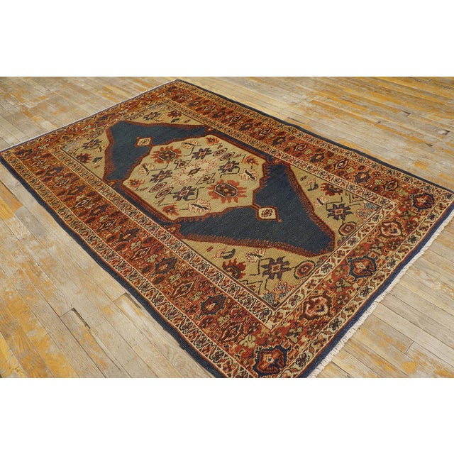 1880s Blue Navy - Camel Medallion Antique Persian Sultanabad Rug 4'5" X 6'9" Handknotted Wool Carpet For Sale - Image 4 of 18