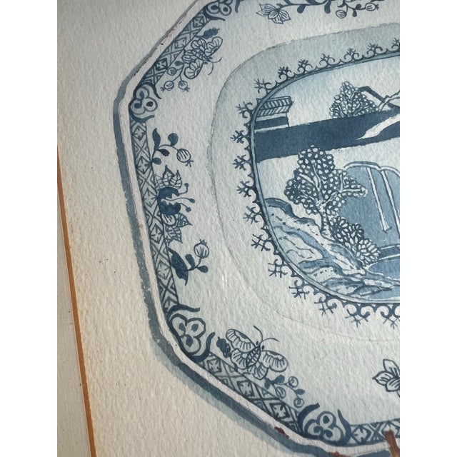 Asian Blue and White Asian Signed Watercolor Painting, Framed For Sale - Image 3 of 5