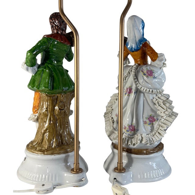 Vintage Porcelain Figural Lamp Young Man & Woman- A Pair For Sale - Image 15 of 16