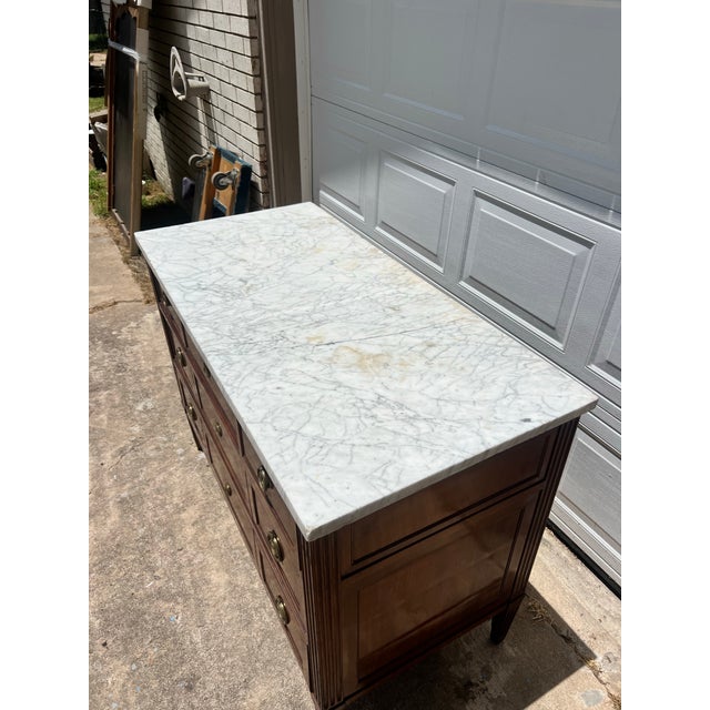 French 19th Century Louis XVI Walnut Carrara Marble Top Chest of Drawers For Sale - Image 12 of 12