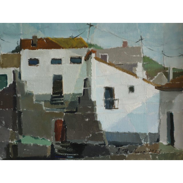 Brown 1958 Mid-Century Modern 'Sunlit Facades' Vintage Original Street Scene Oil Painting, Framed For Sale - Image 8 of 11