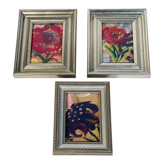 1970s Abstract Floral Small Original Paintings in Silver Frames - Set of 3 For Sale