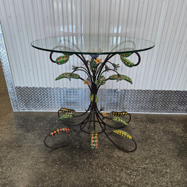 Late 20th Century Vintage Wrought Iron and Ceramic Floral Table For Sale - Image 11 of 11