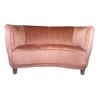 1930's Danish Deco Curved Sofa in Original Pink Mohair For Sale