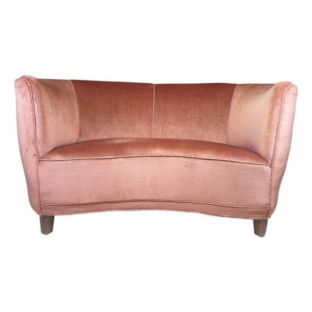 1930's Danish Deco Curved Sofa in Original Pink Mohair For Sale