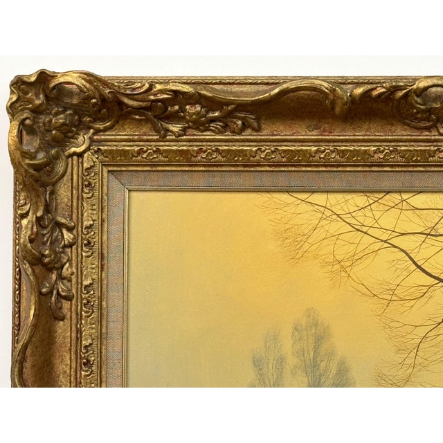 Late 20th Century Misty Golden Yellow River Landscape with Winter Trees in the English Countryside Circa 1990 For Sale - Image 5 of 17