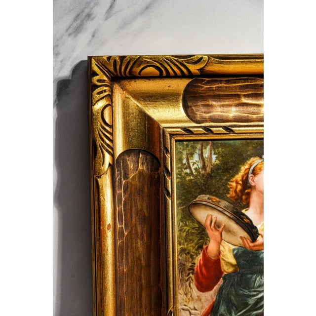 Art Nouveau Maiden Antique German Porcelain Tile Painting Carved Wood Frame For Sale - Image 13 of 15