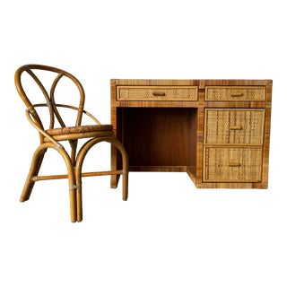 Vintage Coastal Woven Rattan Four- Drawers Desk With Chair For Sale