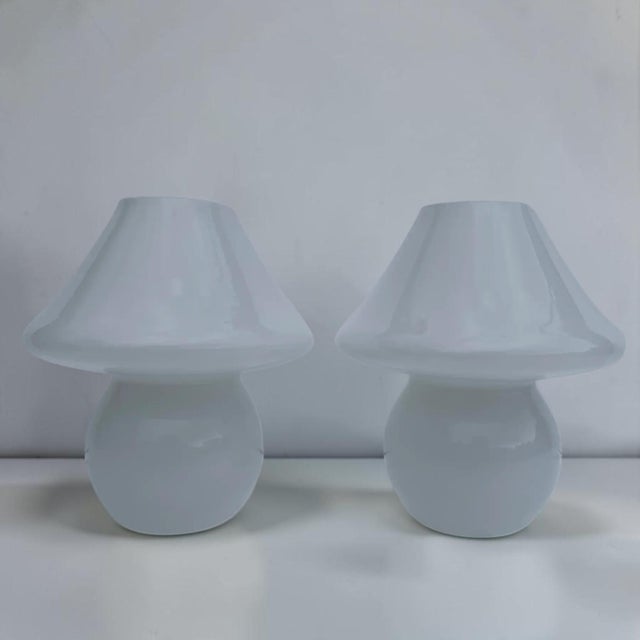 Murano Vintage Italian White Murano Mushroom Lamps - a Pair For Sale - Image 4 of 10