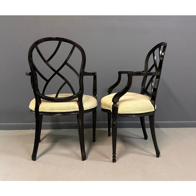 1980s Pair of Century Furniture Chinoiserie Black Lacquer Armchairs For Sale - Image 9 of 11