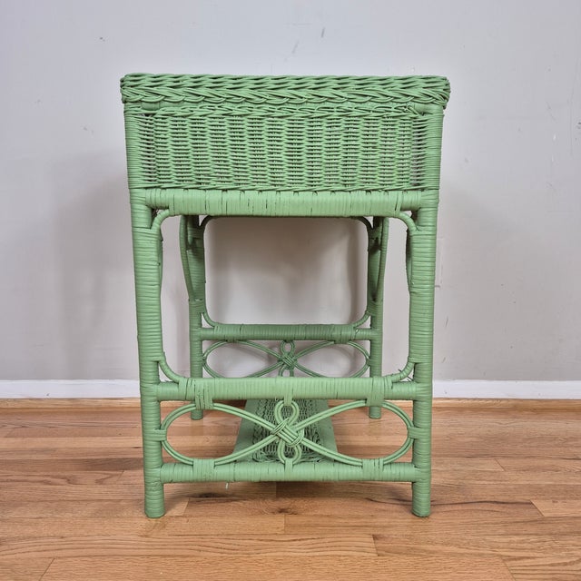 Wood 1970s Celery Green Painted Wicker Night Stand End Table W/ Drawer For Sale - Image 7 of 9